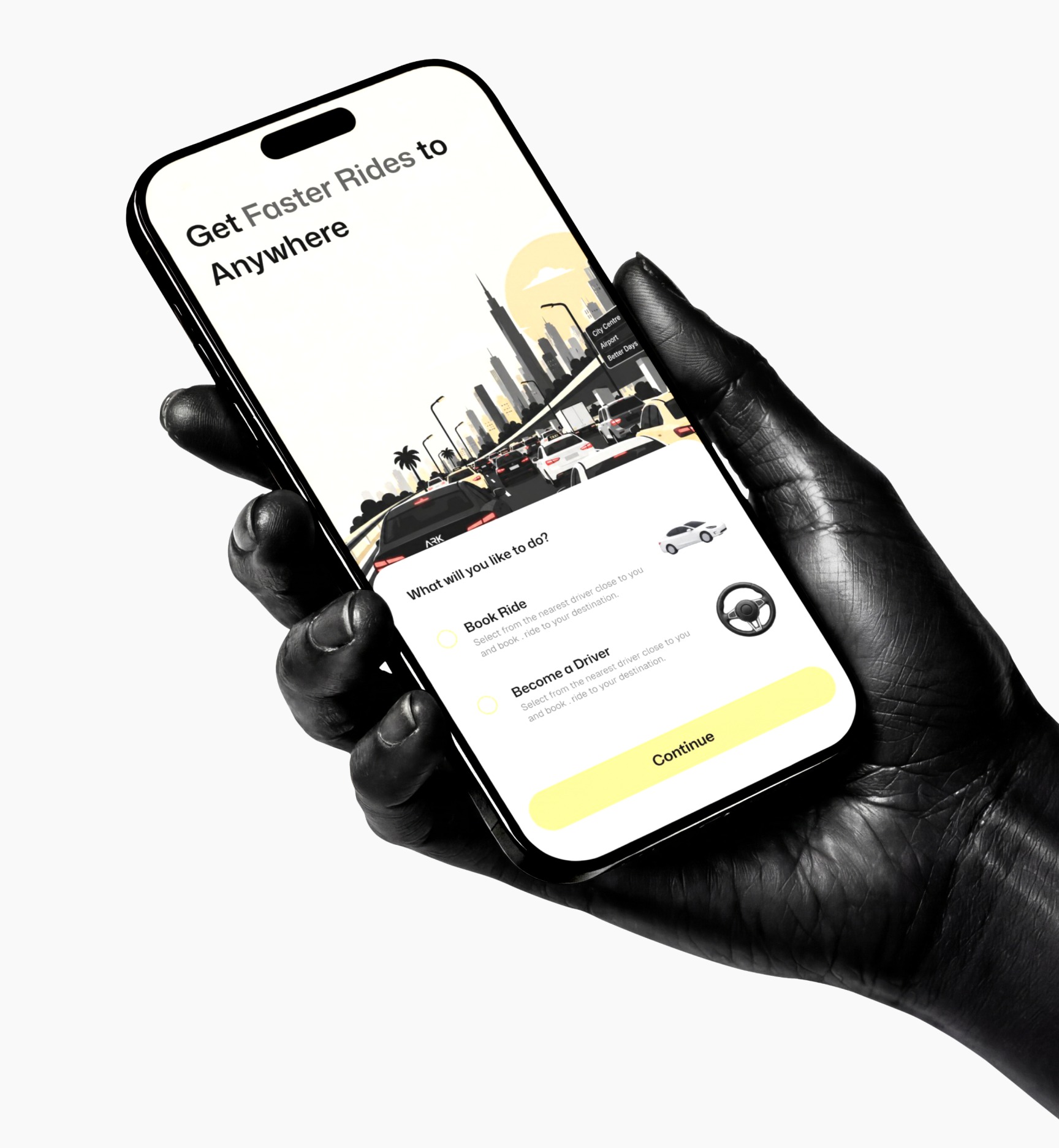 The Ark Ride app open on a phone, offering to book a ride or become a driver